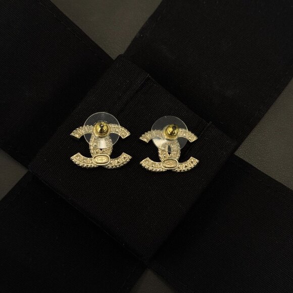 Chanel Gold-Tone Crystal CC Logo Stud Earrings Jewelry Made In France - Picture 2 of 5